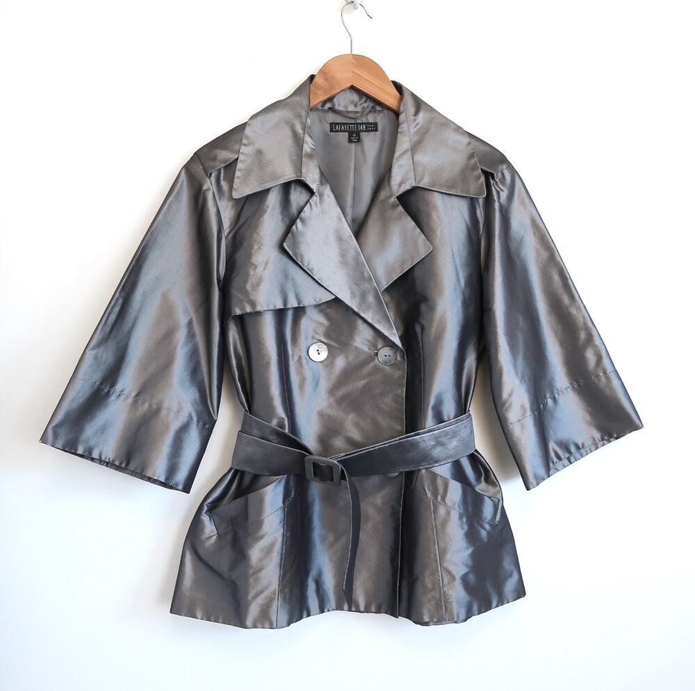 LAFAYETTE 148 NEW YORK Silk Kimono 3/4 Sleeve Trench Jacket Coat 14 L XL $1190